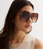 New Look Dark Brown Tortoiseshell Effect Chain Square Oversized Sunglasses